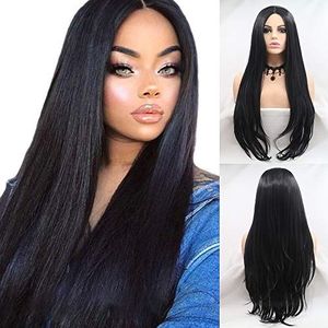 Natuurlijk ogende lange zwarte rechte hittebestendige synthetisch haar middenscheiding pruiken voor Dames Cosplay Halloween Party 150% dichtheid 24 inch