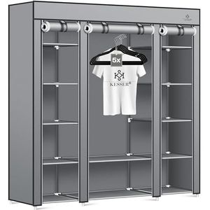 KESSER® Kledingkast Stoffen kast stabiel met kledingstang & planken, incl. 5 x kleerhangers, stoffen vouwkast voor slaapkamer, kleedkamer garderobe met kledingrek 150x45x175cm grijs