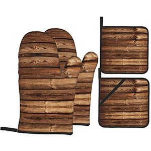 Bruine houten ovenwanten en pannenlappen sets, multifunctionele keukenpannenhouders met zak (4 stuks)