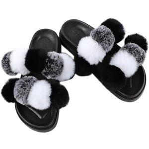 Fuzzy Faux Slides voor dames, met pompon, zachte platte open teen pantoffels voor binnen en buiten, MultiColor 20, one size