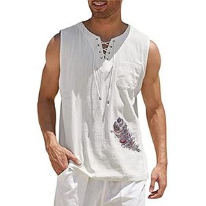 Mannen Katoen Linnen Shirt Lace Up Tank Top Mouwloos Tee Shirt Veer Gedrukt Vest Casual Yoga Strand Tops, # 1, XXL
