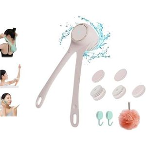 Badborstel met dubbele handgreep, wandgemonteerde elektrische lichaamsborstel, rugschrobber for douche, exfoliërende massagebadborstel, IPX7 waterdichte lichaamsborstels met lange handgreep en 5 opzet
