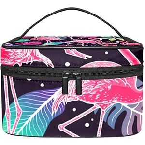 Blauwe Bloemen Retro Make-up Tas Voor Vrouwen Meisjes Cosmetische Tassen Met Handvat Reizen Make-up Organizer Tas, Flamingo Tropische, 8.9x5.9x5.4 Inches, Make-up Pouch