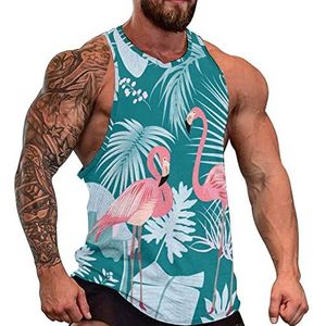 Flamingo Palm Monstera Tanktop voor heren, grafische mouwloze bodybuilding-T-shirts, casual strand-T-shirt, grappig sportschool-spierweefsel