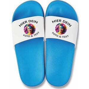 Kiwistar - Badslippers met foto en tekst naar wens, individueel gepersonaliseerd, badschoenen zelf vormgeven, blauw, 38/39 EU