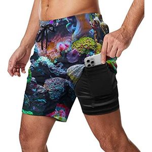 Coral Reefs Zwembroek voor heren, sneldrogend, 2-in-1 strandsportshorts met compressieliner en zak