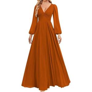 HPPEE Bruidsmeisjesjurken met lange mouwen voor dames, geplooid, A-lijn, V-hals, chiffon, formele avondjurk, feestjurk, Verbrand Oranje, 32