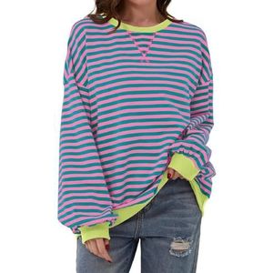 Women Oversized Striped Color Block Long Sleeve Crew Neck Sweatshirt Casual Loose Pullover Y2k Shirt Top (S,Pink)