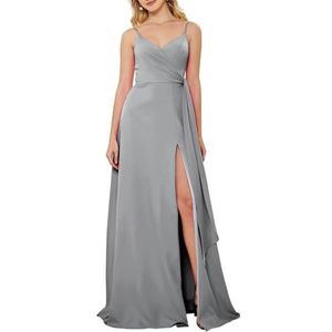 HPPEE Jurken voor dames, V-hals, bruidsmeisjesjurk, mouwloos, chiffon, bruidsmeisje, formele avondjurk, Zilver, 36