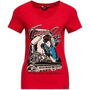 Queen Kerosin Dames T-shirt met korte mouwen V-hals Tune Up Print Slim Fit Tune Up, rood, M