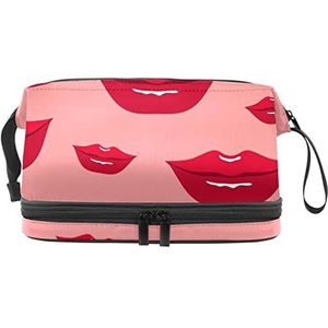 Rode Lippen Make-uptas Dubbele Laag Ruime Cosmetische Zakken voor Vrouwen en Meisjes Reizen Draagbare Toiletry Pouch met Rits, Meerkleurig, 27x15x14 cm/10.6x5.9x5.5 in, Make-up zakje