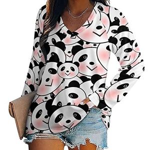 Schattig panda-gezichtspatroon dames lange mouw V-hals T-shirts herfst tops pullover tuniek T-shirt voor leggings