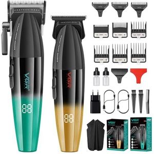 VGR Professionele Tondeuse en Trimmer Set voor Mannen, Barber Tondeuse Set, 9000RPM Zero Gap T Blade Trimmer, Draadloze Knipset met 9 Opzetkammen, DLC Mes, LED Display