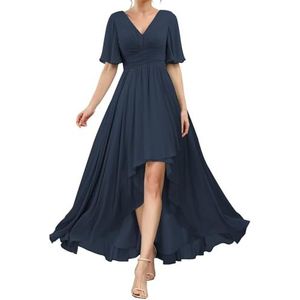 HPPEE Flutter Mouw V-hals Bruidsmeisjesjurken voor Vrouwen Geplooide A-lijn Chiffon Formele Avondjurk, Donkerblauw, 32