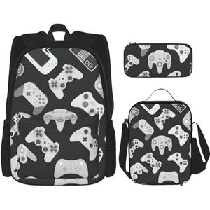 SUHNGE Kleurrijke Houten Print 3Pcs Rugzak Schooltas Met Lunch Tas Set Potlood Case Voor Meisjes Middelbare School, Game Controller, Eén maat