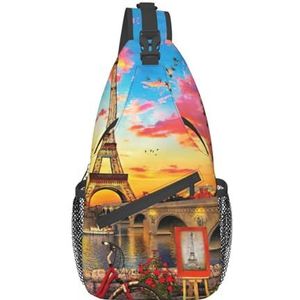 Purple World Print Crossbody Fanny Pack, Sling Rugzak Tas voor Vrouwen, Reizen Wandelen Borst Tas Dagrugzak, Eiffeltoren Parijs, Eén maat