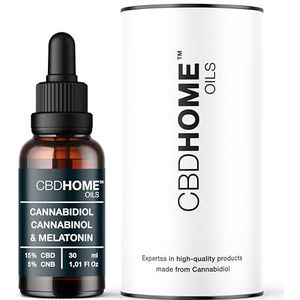CBD HOME Oils - CBD Olie 15% + CBN 5% + Melatonine - 30 ml - Basis van Kokosolie (MCT) en Biologische Hennepzaadolie - Omega 3-6-9 - Gecertificeerde Cannabidiol 4.500 mg - Gemaakt in de EU