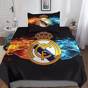 XYueww REAL MADRID Dekbedovertrek, beddengoedset, dekbed+kussenslopen, microvezel 3D-print voetbal dekbedovertrek met rits, 3 stuks, voor tieners volwassenen single (135 x 200 cm)