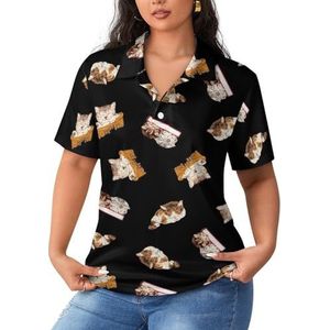 Patroon van kat dames poloshirts met korte mouwen casual T-shirts met kraag golfshirts sport blouses tops L