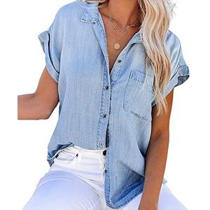 NLAVW Zomerjeanshemd voor dames met knoopsluiting, korte mouwen, vrijetijdshemd, top, losse pasvorm, jeansjas, blouse, bijpassende tuniekblouse