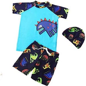 FedMois Kinderen Jongens Zwempak 3-delig Badmode Set Zwemshirt Zwemshorts Badmuts, Dinosaurus Blauw, 1-2 jaar