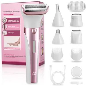 Scheerapparaat voor dames, 5-in-1 intieme scheerapparaat voor vrouwen, elektrisch scheerapparaat met USB-laadstation, elektrisch scheerapparaat voor dames (Roze-ZCA117)