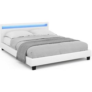 IDMarket - Tweepersoonsbed Neo 160 x 200 cm PVC wit met lattenbodem en geïntegreerde leds