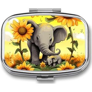 Moeder olifant zonnebloemen pillenetui met 2 compartimenten, pillenorganizer, draagbare vierkante pillendoos, vitaminepillenorganizer voor zakportemonnee en reizen