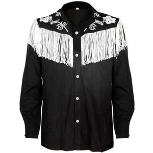 Heren Katoen Western Button Down Fringe Style Shirt - Mannelijke Slim Fit Shirts Volwassen Shirt Cosplay Kostuum, Zwart, XXL