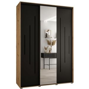 MEBLE KRYSPOL Davos 13 180 Kledingkast met drie schuifdeuren voor slaapkamer - Moderne Kledingkast met spiegel, kledingroede en planken - 235,2x180x45 cm - Artisan Black Zwart