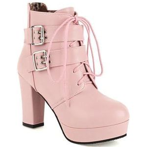 Vrouwen Veters Hoge Hak Laarsjes Mode Rits Terug en Gesp Ontwerp Laarzen met middenkuit,Roze,34 EU