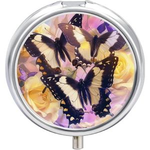 Pillendoosje 3 compartimenten medicijnpillendoosje draagbare ronde pillendoos week pillenhouder container voor vitamine-geneeskunde-supplement vlindercollage-stijl kleine pillenorganizer