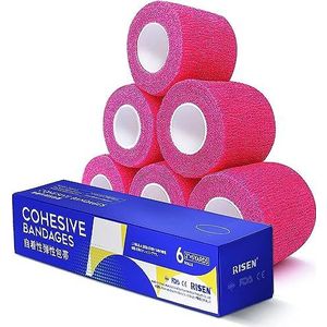 Risen Samenhangend verband 5 cm x 5 yards, 6 rollen, zelfklevende wikkel medische tape, zelfklevend flexibel ademend EHBO-gaas ideaal voor stretch atletisch, enkelverstuikingen en zwelling, sport,