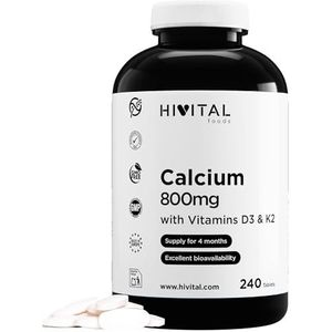 Calcium 800 mg met Vitamine D3 en Vitamine K2 MK7. 240 tabletten voor 4 maanden behandeling. Mineraal organisch calciumcarbonaat met Vitamine K2 MK7 en Vitamine D3. Gefabriceerd in Europa door HIVITAL