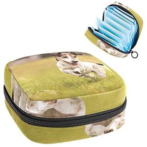 Running White Little Dog Outdoors Periode Pouch Draagbaar,Tampon opbergtas voor maandverband, Meerkleurig, 4.7x6.6x6.6 in/12x17x17 cm