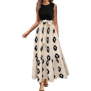 Lange bloemenjurken for dames, ronde hals, korte mouwen, A-lijn jurk met riem, zwierige maxi-jurk(Khaki,XXL)