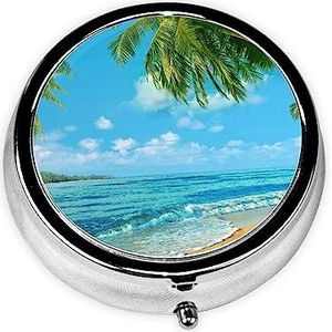 Oceaan Zee Strand Palm Bladeren Gedrukt Pil Doos 3 Component Mini Kleine Pil Case Leuke Pil Organizer Draagbare Ronde Pil Container Houder om Vitaminen Medicatie vast te houden