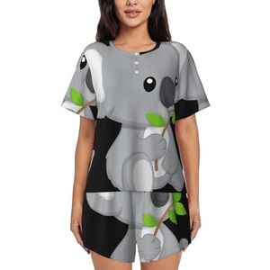 Groene Blad Koala Print Dames Zomer Zachte Tweedelige Bijpassende Outfits Korte Mouw Pyjama Lounge Pyjama Sets, Zwart, M