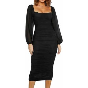 Mesh-jurk met Lantaarnmouwen voor Dames, Bodycon Maxi-jurken met Vierkante Hals voor Avondfeest(Color:Black,Size:XL)