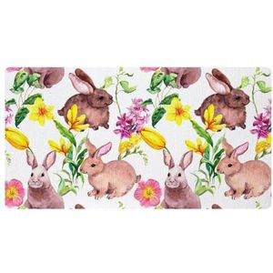 VAPOKF Schattig konijn in de lente bloemen keuken mat, antislip wasbaar vloertapijt, absorberende keuken matten loper tapijten voor keuken, hal, wasruimte