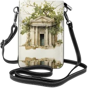 Antiek gebouw met Romeinse olijftak en Griekse stijlvolle lederen crossbody flip case, ruime telefoontas, mobiele telefoonhoes tas