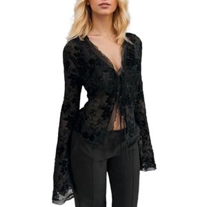 EMOTTOS Sexy Doorschijnende Slanke V-Hals Crop Top, Y2K Sheer Ruffled Flared Lange Mouwen Mesh Top, Chiffon Stof Tie Front Korte Sheer Top voor vrouwen, Zwart, M