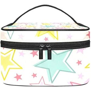 Roze Blauw Geel Sterren Patroon Make-up Organizer Tas, Reizen Make-up Tas Organizer Case Draagbare Cosmetische Tas voor Vrouwen en Meisjes Toiletartikelen, Meerkleurig, 22.5x15x13.8cm/8.9x5.9x5.4in