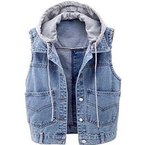 Dames geknoopte gewassen denim vest met capuchon mouwloos vest jeans gilet, Grijs, XXL
