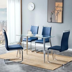 Aunlva Moderne eetkamerstoelen, set van 4, verchroomd metalen frame, eenvoudige en elegante stoel, waterdichte stoel, rugleuning van PU-leer, hoge gewatteerde zijstoel, blauw