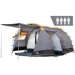 CampFeuer Super+ Tent voor 4 personen, grijs/zwart (oranje), grote tunneltent met 2 ingangen en luifel, 3000 mm waterkolom, groepstent, campingtent, familietent