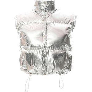 Buffervest, mouwloze bufferjas met opstaande kraag, casual, warm, zilverkleurig, zacht voor vakantiefeest, zilver, S