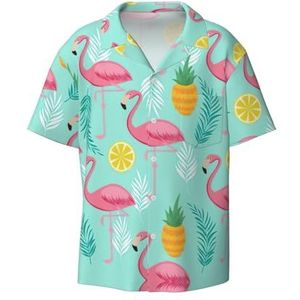 TyEdee Flamingo-print voor heren, korte mouwen, overhemd met zak, casual overhemd met knopen, zakelijk overhemd, Zwart, 3XL