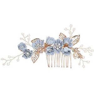 Bruidshaar kam gesimuleerde parels haarspelden kam strass kristal haarclips bloem bladeren bruiloft haaraccessoires hoofddeksel (blauw)