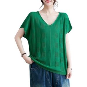 2024 Zomer Vrouwen Ijs Zijde Korte Mouwen Gebreide Tops Klassieke V-hals Losse Casual Shirts Zomer Cool Comfort Blouse(Color:Green)